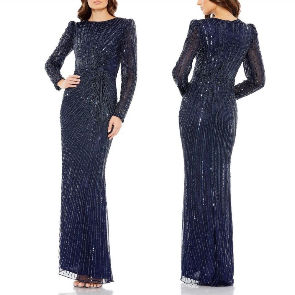 Mac Duggal 5641 Sequins Embellished Puff Sleeve Side Knot Gown Navy Blue Reemoly